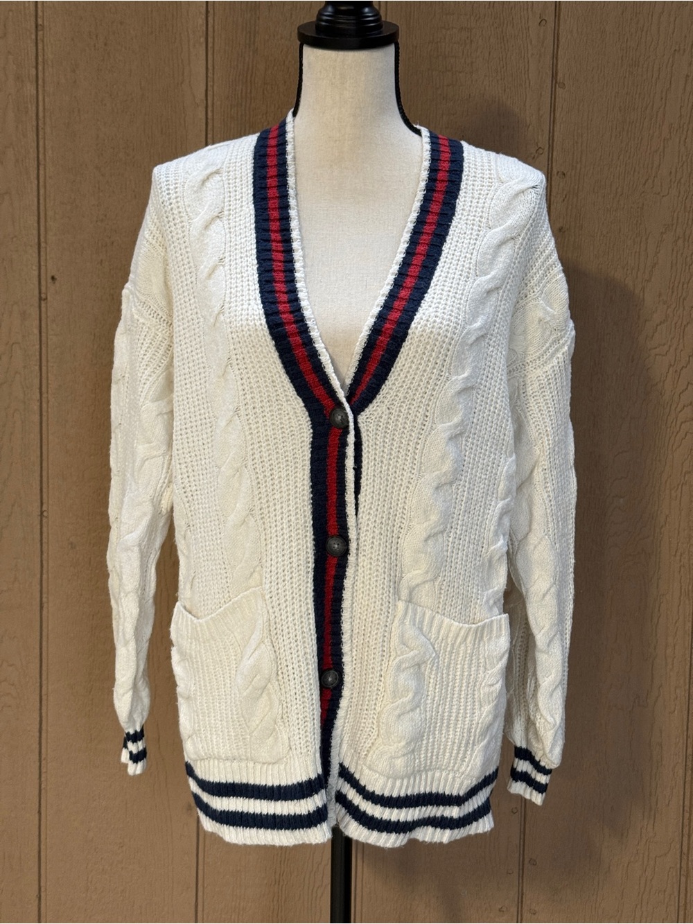 American Eagle Outfitters White Cardigan with Navy and Red Accents xs.